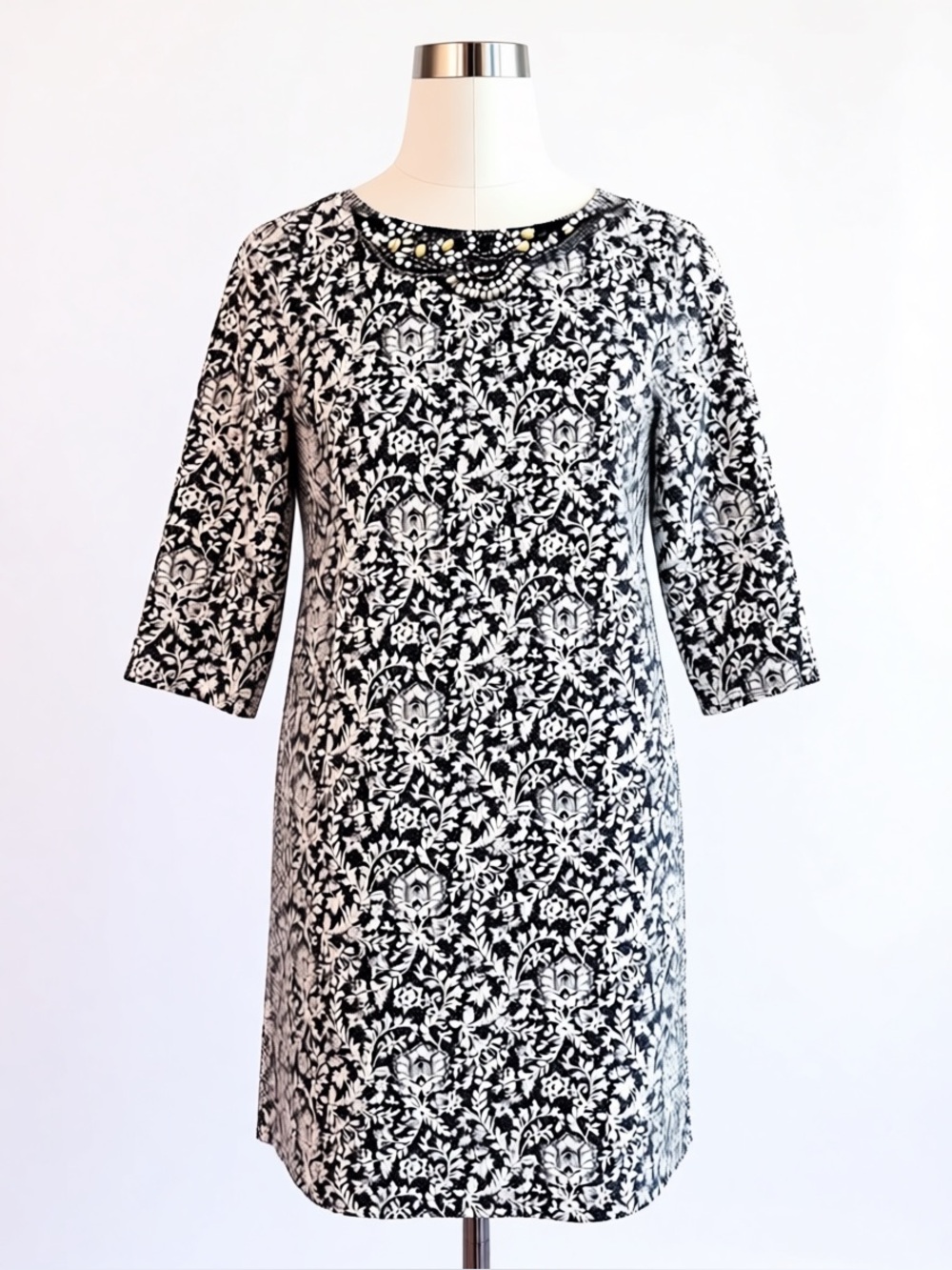 Monsoon Josette Ivory Black Floral Jacquard Embellished Shift Dress US 4